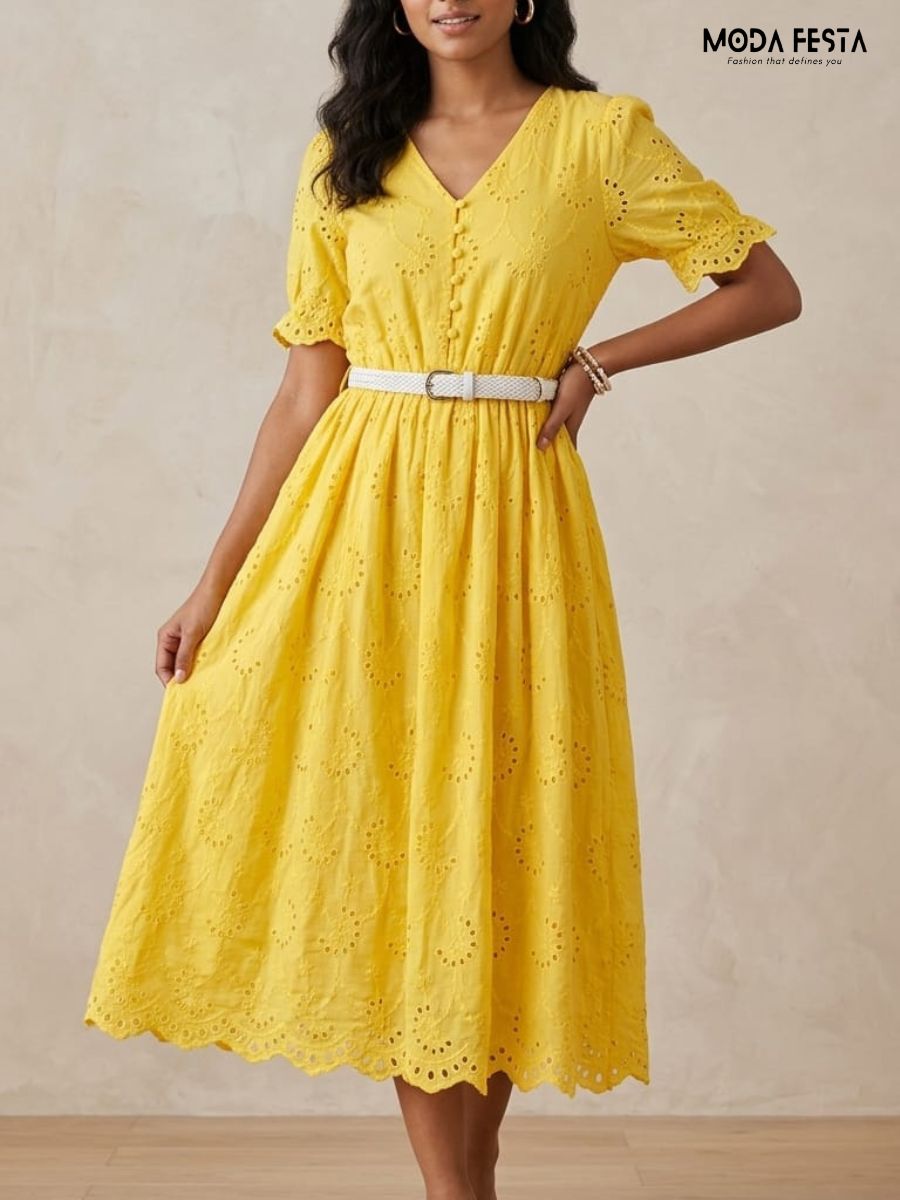 Broderie Anglaise Eyelet Midi Dress with belt